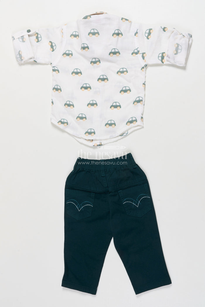 The Nesavu Boys Casual Set Boys Car Print Cotton Shirt and Pants Set for Everyday Play Nesavu Nesavu boys car print cotton casual set  fun jungle-themed shirt pants