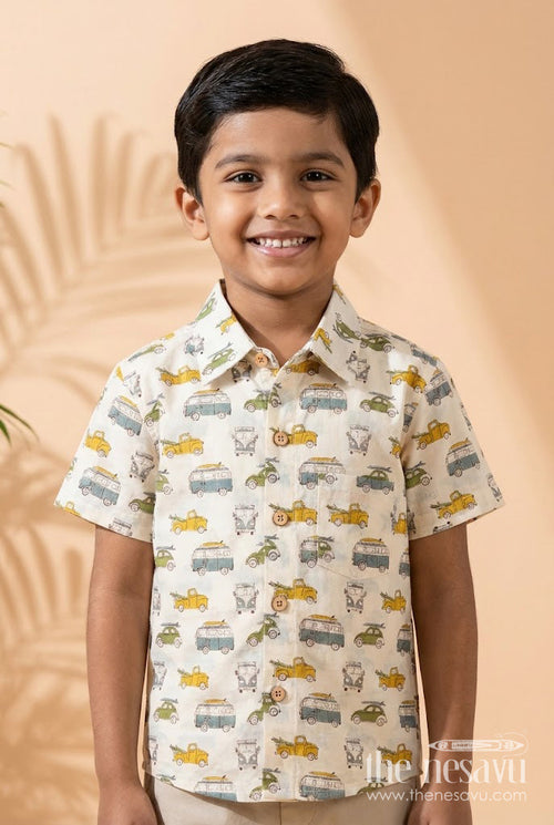 The Nesavu Boys Cotton Shirt Boys Car Print Shirt for Everyday Wear and Travel Days Nesavu 20 (3Y) / Cream / Cotton BS393A-20 Nesavu boys cotton shirt with vintage car print for casual wear, travel and everyday adventures