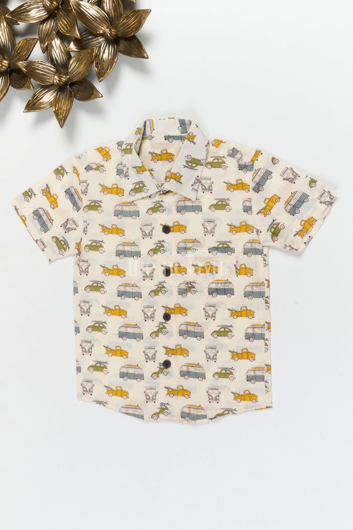 The Nesavu Boys Cotton Shirt Boys Car Print Shirt for Everyday Wear and Travel Days Nesavu Nesavu boys cotton shirt with vintage car print for casual wear, travel and everyday adventures
