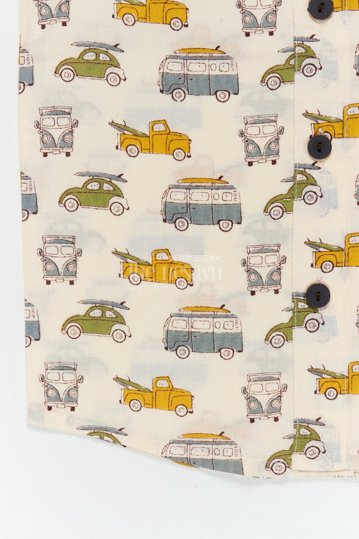 The Nesavu Boys Cotton Shirt Boys Car Print Shirt for Everyday Wear and Travel Days Nesavu Nesavu boys cotton shirt with vintage car print for casual wear, travel and everyday adventures