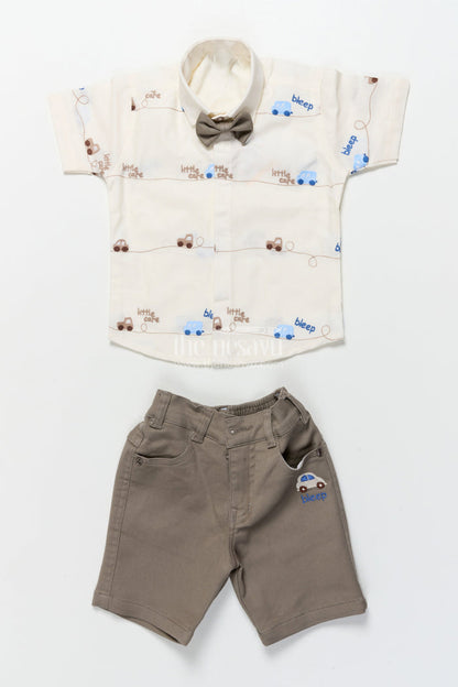 The Nesavu Boys Casual Set Boys Car-Themed Shirt and Shorts Set for Birthdays and Outings Nesavu Nesavu boys car embroidered shirt shorts set bow tie birthdays family outings
