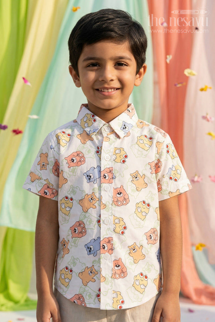 Boys Cartoon Print Cotton Shirt for Casual Outings and Playtime