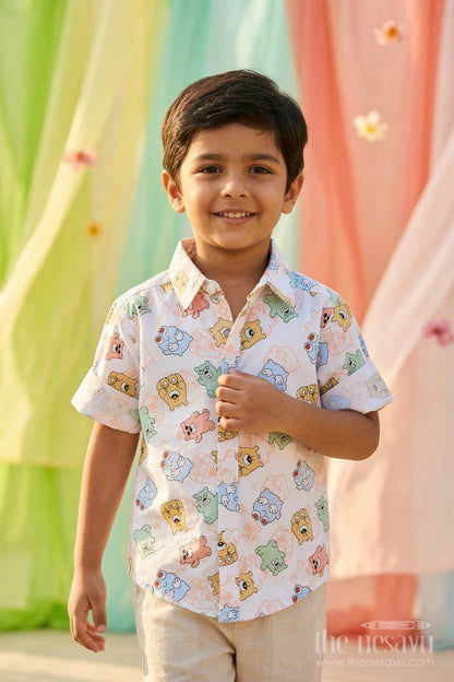 The Nesavu Boys Cotton Shirt Boys Cartoon Print Type Cotton Shirt for Casual Outings and Playtime Nesavu 14 (6M) / Orange / Cotton BS429B-14 Nesavu boys cotton cartoon print shirt for casual outings playful everyday kids wear