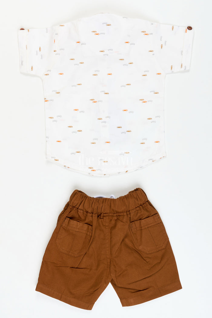 The Nesavu Boys Casual Set Boys Casual Cotton Outfit Set for Outings, School, and Everyday Wear Nesavu Nesavu boys casual cotton set printed shirt drawstring shorts everyday comfort