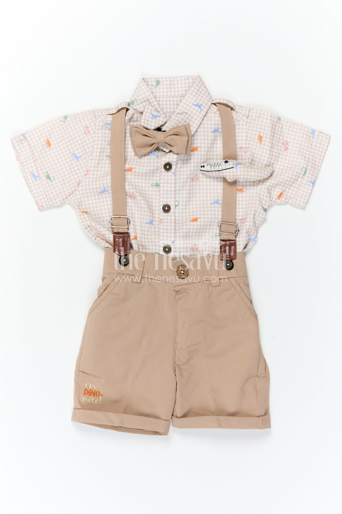 The Nesavu Boys Casual Set Boys Casual Outfit Set for Outings and Everyday Smart Wear Nesavu Nesavu Boys Casual Outfit Set With Suspenders And Bow Tie In Cotton Checked Design For Outings And Smart Wear