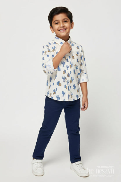 The Nesavu Boys Casual Set Boys Casual Shirt and Pant Set for Smart Everyday Dressing Nesavu 12 (3M) / Blue BCS543A-12 Nesavu boys printed shirt and cotton pant casual set for playful everyday style