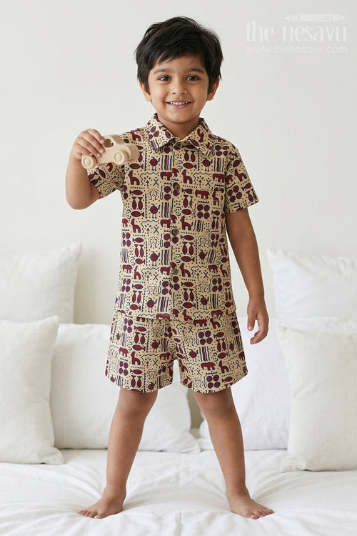 The Nesavu Boys Casual Set Boys Co Ord Set Dress for Summer Outings and Casual Wear Nesavu 16 (1Y) / Yellow / Cotton BCS604A-16 Nesavu Boys Cotton Co Ord Set For Summer Outings With Digital Print Shirt And Shorts Casual Wear