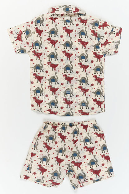 The Nesavu Boys Casual Set Boys Co Ord Set for Vacation Wear and Summer Outings Nesavu Nesavu Boys Cotton Co Ord Set For Vacation Wear With Dinosaur Print Shirt And Shorts Summer Outfit