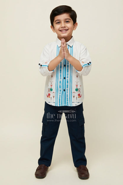 The Nesavu Boys Casual Set Boys Cotton Blazer Outfit for Festive Casual and School Functions Nesavu 20 (3Y) / Blue BCS456A-20 Nesavu boys printed cotton blazer outfit ethnic motifs school events festive casual wear
