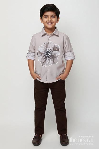 The Nesavu Boys Casual Set Boys Cotton Blend Casual Wear Set with Bold Floral Placement Print Nesavu 16 (1Y) / Brown BCS493A-16 Nesavu boys casual cotton blend set center floral print contrast cuff detailing