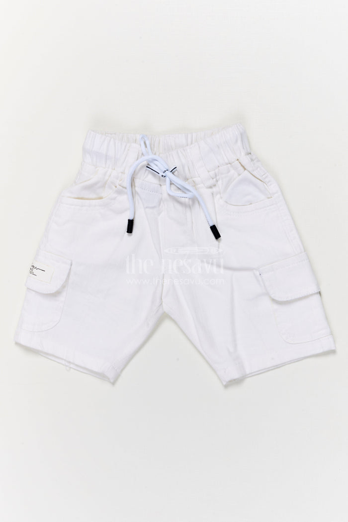 The Nesavu Boys Shorts Boys Cotton Cargo-style Shorts with Sporty Waistband Detail Nesavu 14 (6M) / Half white / Cotton BWS069A-14 Boys cotton shorts with flap pockets and contrast waistband cord