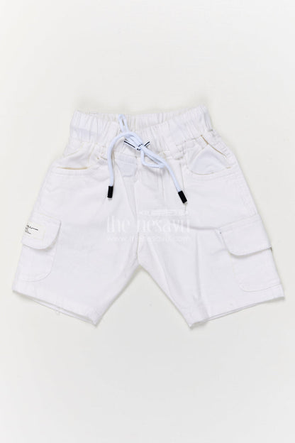 The Nesavu Boys Shorts Boys Cotton Cargo-style Shorts with Sporty Waistband Detail Nesavu 14 (6M) / Half white / Cotton BWS069A-14 Boys cotton shorts with flap pockets and contrast waistband cord