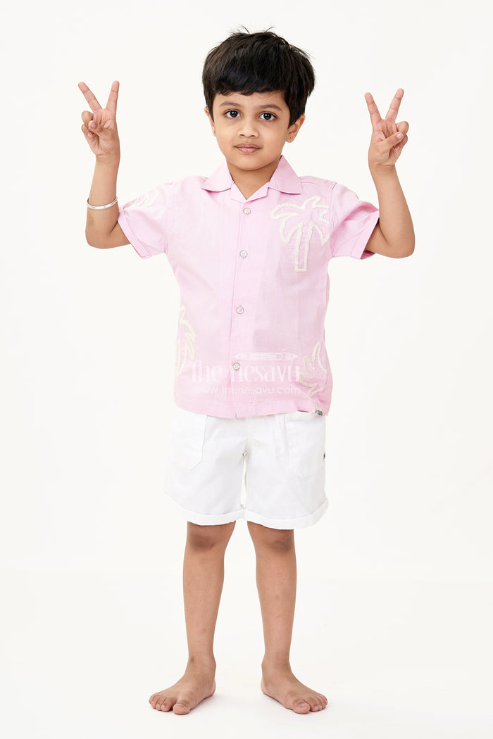 The Nesavu Boys Casual Set Boys Cotton Casual Classic Dresses with Chenille Embroidery Shirt and White Shorts in Soft Pink Nesavu 20 (3Y) / Pink BCS221A-20 Nesavu Boys Cotton Chenille Embroidered Shirt Shorts Set Pink Casual Classic Summer Outfit