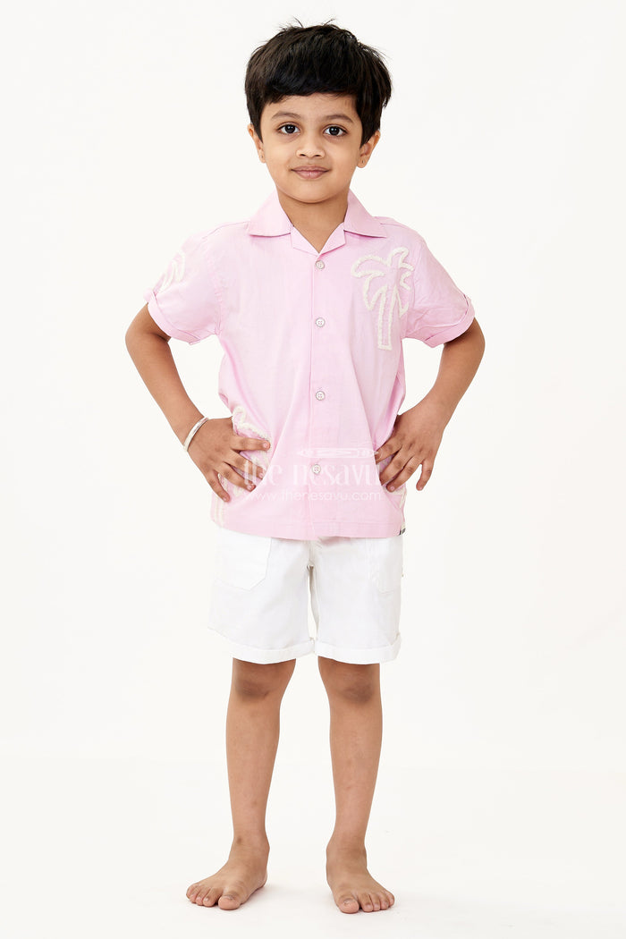 The Nesavu Boys Casual Set Boys Cotton Casual Classic Dresses with Chenille Embroidery Shirt and White Shorts in Soft Pink Nesavu Nesavu Boys Cotton Chenille Embroidered Shirt Shorts Set Pink Casual Classic Summer Outfit