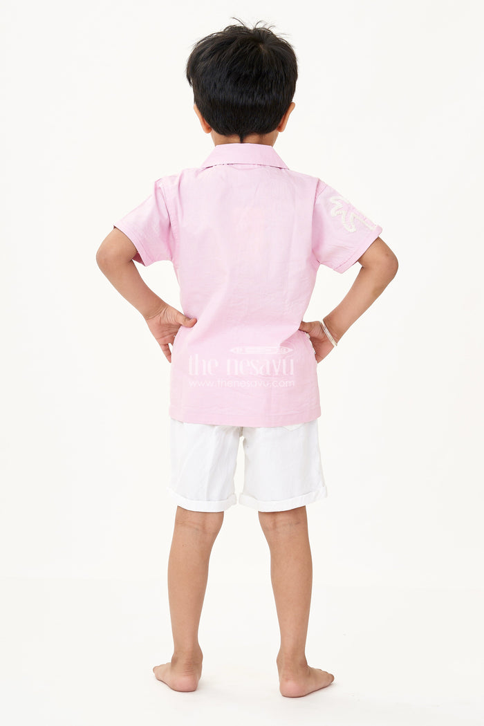 The Nesavu Boys Casual Set Boys Cotton Casual Classic Dresses with Chenille Embroidery Shirt and White Shorts in Soft Pink Nesavu Nesavu Boys Cotton Chenille Embroidered Shirt Shorts Set Pink Casual Classic Summer Outfit