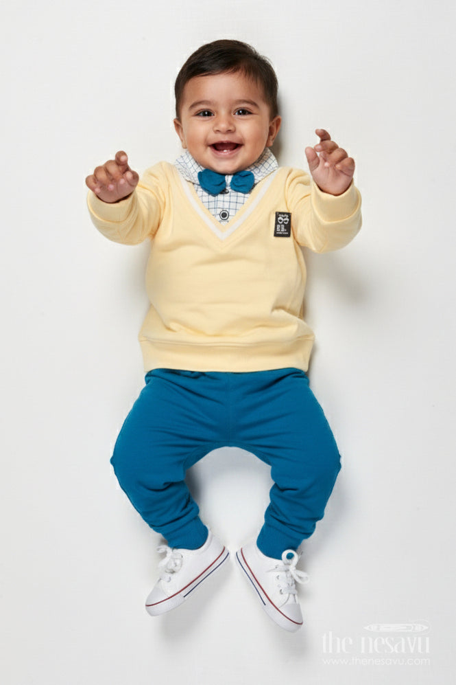 The Nesavu Boys Casual Set Boys Cotton Casual Set with Full Sleeves for Playful Days Nesavu 12 (3M) / Yellow BCS523B-12 Nesavu boys full-sleeve cotton casual set cartoon top playful comfort daily wear