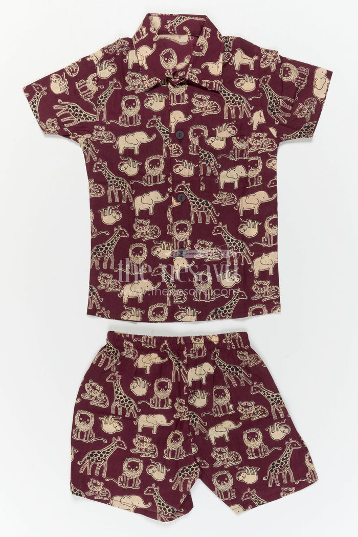 The Nesavu Boys Casual Set Boys Cotton Co Ord Set for Playtime and Summer Outings Nesavu Nesavu Boys Cotton Co Ord Set For Playtime With Animal Print Shirt And Shorts Summer Outfit