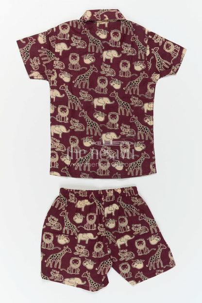 The Nesavu Boys Casual Set Boys Cotton Co Ord Set for Playtime and Summer Outings Nesavu Nesavu Boys Cotton Co Ord Set For Playtime With Animal Print Shirt And Shorts Summer Outfit