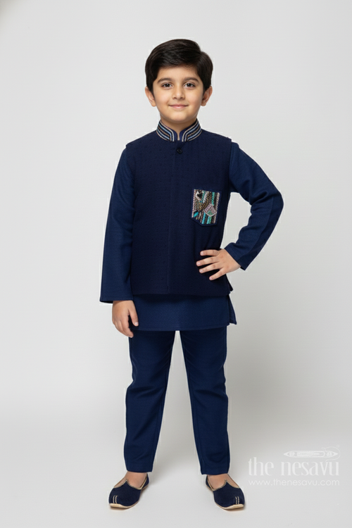 The Nesavu Boys Jacket Sets Boys Cotton Jacket Set for Festive Functions and Wedding Receptions Nesavu 18 (2Y) / Blue BES735B-18 Nesavu boys cotton jacket kurta set for festive functions and traditional ceremonies