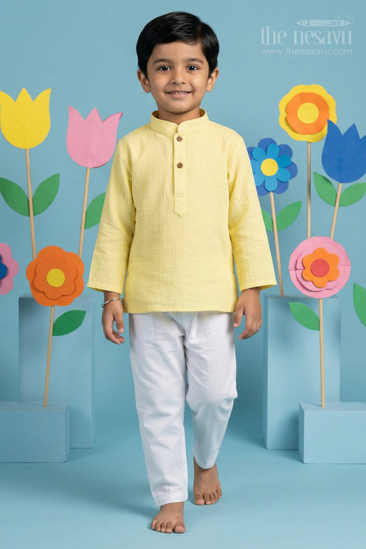 The Nesavu Boys Casual Set Boys Cotton Kurta Set for Festive Outings and Family Visits Nesavu 12 (3M) / Yellow / Muslin Cotton BCS575B-12 Nesavu boys muslin cotton kurta set for festive outings and traditional family gatherings