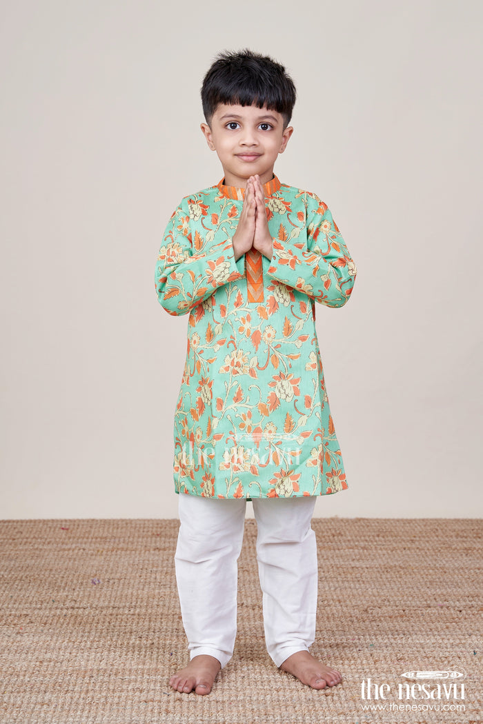The Nesavu Boys Kurtha Set Boys Cotton Kurta Set for Weddings, Festivals and Photo Shoots Nesavu Nesavu boys festive kurta pyjama set floral print weddings cultural events