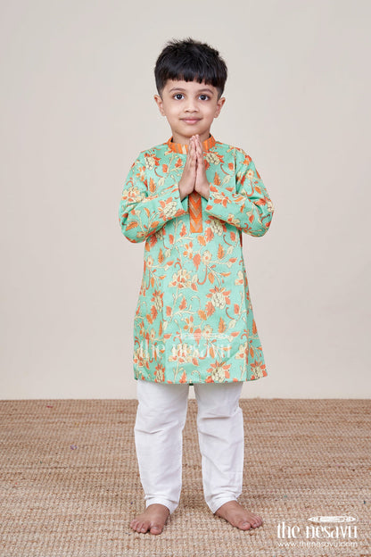 The Nesavu Boys Kurtha Set Boys Cotton Kurta Set for Weddings, Festivals and Photo Shoots Nesavu Nesavu boys festive kurta pyjama set floral print weddings cultural events