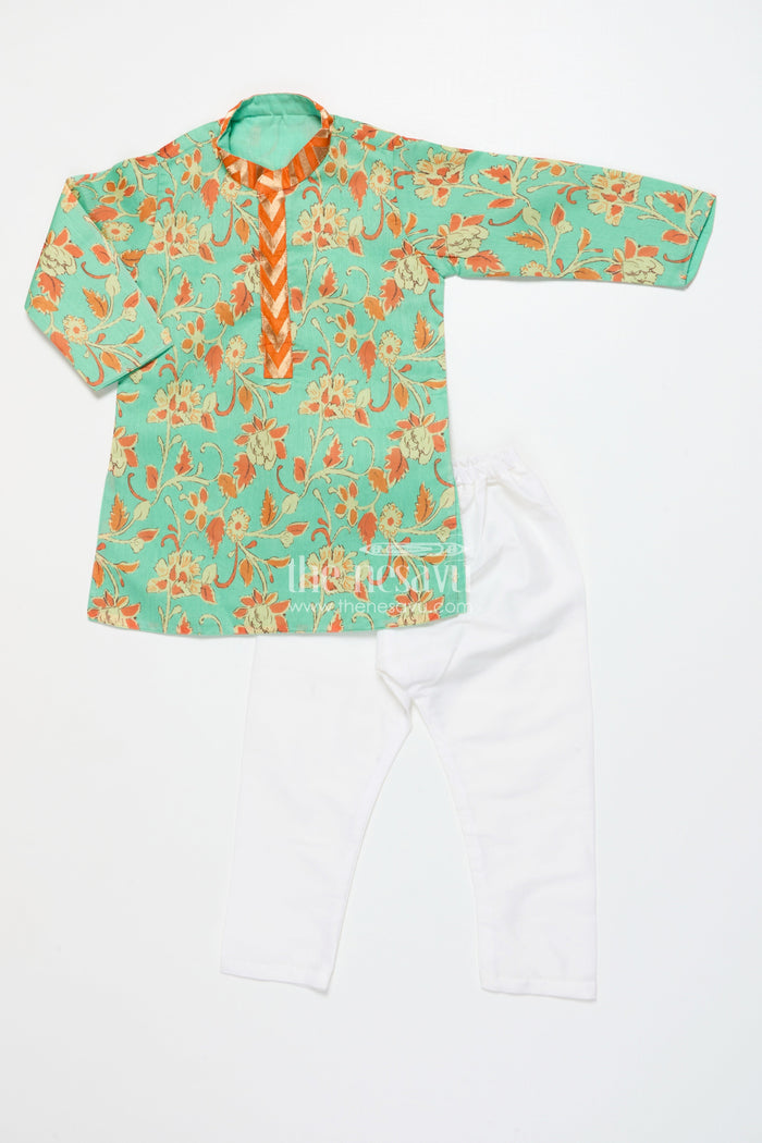 The Nesavu Boys Kurtha Set Boys Cotton Kurta Set for Weddings, Festivals and Photo Shoots Nesavu Nesavu boys festive kurta pyjama set floral print weddings cultural events