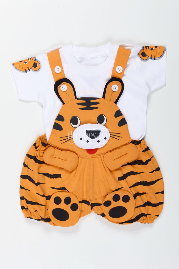 The Nesavu Boys Casual Set Boys Cotton Orange Shirt and Short Sets with Animal Face Dungaree and Printed T Shirt for Toddler Style Nesavu Nesavu Boys Orange Cotton Shirt Short Sets Animal Printed Dungaree White T Shirt