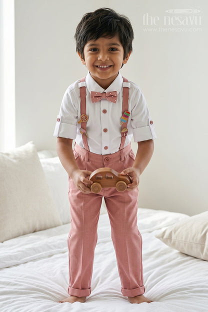 The Nesavu Boys Casual Set Boys Cotton Outfit Set for Casual Outings and Playtime Nesavu 16 (1Y) / Peach / Cotton BCS602A-16 Nesavu Boys Cotton Outfit Set For Casual Outings With Suspenders And Comfortable Everyday Wear
