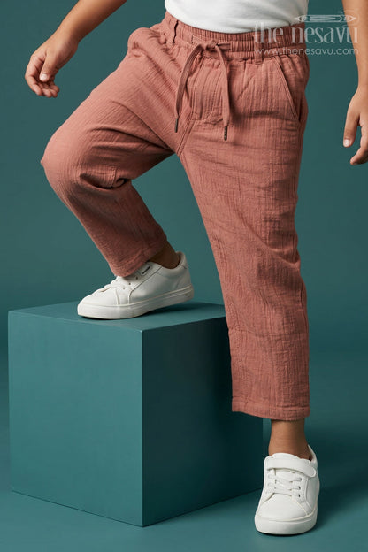 The Nesavu Boys Pant Boys Cotton Pants for Casual Wear and Everyday Comfort Nesavu 18 (2Y) / Brown / Muslin Cotton BWP032H-18 Nesavu Boys Muslin Cotton Pants For Casual Wear Breathable Comfortable Everyday Outfit For Kids