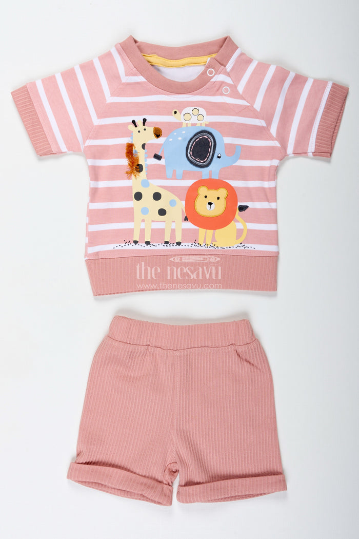 The Nesavu Boys Casual Set Boys Cotton Peach Casual Dress with Striped Tee and Animal Digital Print for Playful Comfort Nesavu 14 (6M) / Peach BCS289A-14 Nesavu Boys Cotton Peach Casual Dress Set Animal Digital Print Striped Tee Everyday Fun