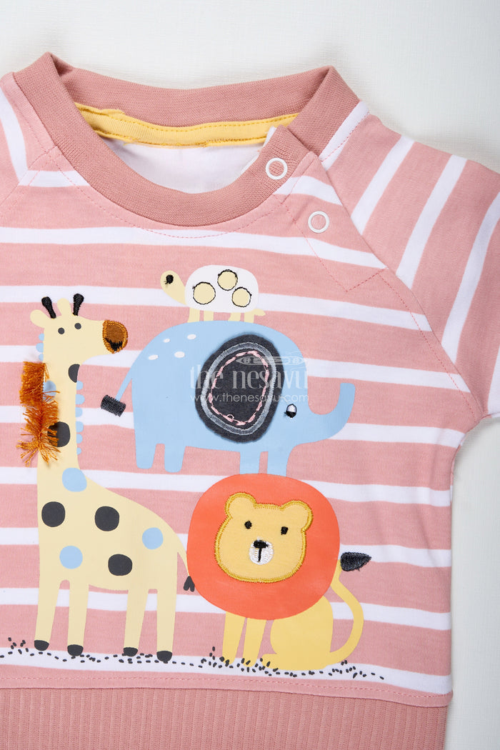 The Nesavu Boys Casual Set Boys Cotton Peach Casual Dress with Striped Tee and Animal Digital Print for Playful Comfort Nesavu Nesavu Boys Cotton Peach Casual Dress Set Animal Digital Print Striped Tee Everyday Fun