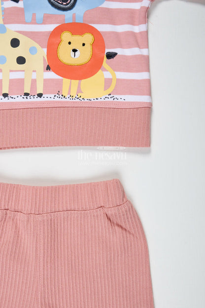 The Nesavu Boys Casual Set Boys Cotton Peach Casual Dress with Striped Tee and Animal Digital Print for Playful Comfort Nesavu Nesavu Boys Cotton Peach Casual Dress Set Animal Digital Print Striped Tee Everyday Fun