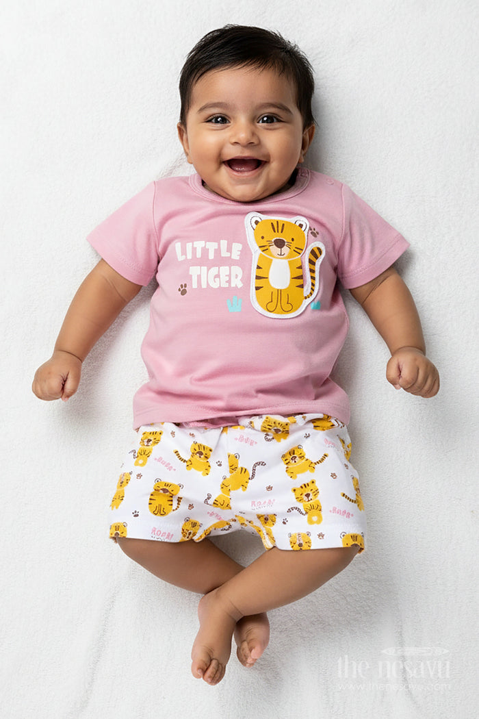 The Nesavu Boys Casual Set Boys Cotton Pink T Shirt and Shorts Set with Animal Digital Prints for Playful Summer Wear Nesavu 14 (6M) / Pink BCS279A-14 Nesavu Boys Pink Cotton T Shirt Animal Printed Shorts Set Comfortable Everyday Wear