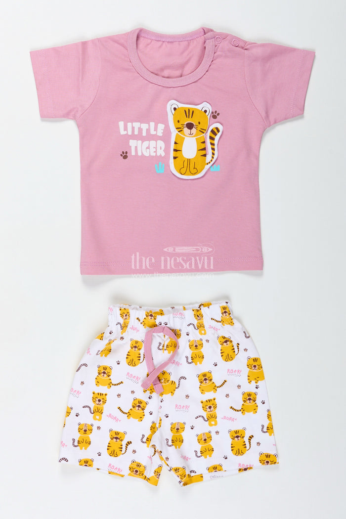 The Nesavu Boys Casual Set Boys Cotton Pink T Shirt and Shorts Set with Animal Digital Prints for Playful Summer Wear Nesavu Nesavu Boys Pink Cotton T Shirt Animal Printed Shorts Set Comfortable Everyday Wear