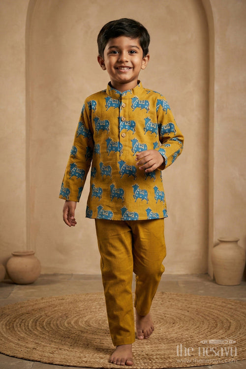 The Nesavu Boys Kurtha Set Boys Cotton Printed Kurta with Traditional Pichwai Motifs and Matching Pants in Mustard Nesavu 12 (3M) / Yellow BES660B-12 Boys Cotton Printed Kurta Traditional Pichwai Motifs Matching Pants | The Nesavu