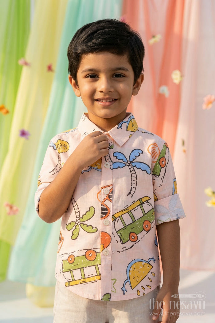 The Nesavu Boys Cotton Shirt Boys Cotton Printed Shirt for Casual Outings and Everyday Wear Nesavu 14 (6M) / Peach / Cotton BS428A-14 Nesavu boys cotton printed shirt casual everyday outfit for kids with playful digital print