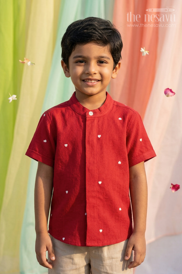 The Nesavu Boys Cotton Shirt Boys Cotton Shirt for Birthday Parties and Special Occasions Nesavu 14 (6M) / Red / Cotton BS449A-14 Nesavu Boys Crinkle Cotton Printed Shirt For Birthday Parties And Special Occasions With Soft Breathable Fabric