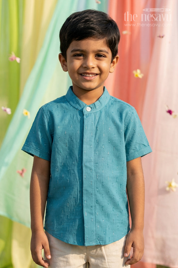 The Nesavu Boys Cotton Shirt Boys Cotton Shirt for Casual Wear and Outings Nesavu 14 (6M) / Blue / Cotton BS437A-14 Nesavu Boys Blue Cotton Shirt With Shimmer Butti Design For Casual Wear Outings And Everyday Comfort