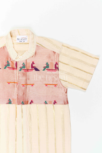 The Nesavu Boys Cotton Shirt Boys Cotton Shirt for Ethnic Day Celebrations and Festive Gatherings Nesavu Nesavu Boys Cotton Shirt With Paithani Border Yoke For Ethnic Day And Festive Occasions