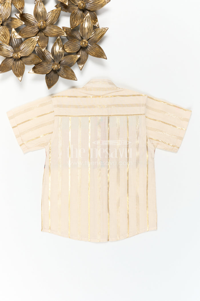 The Nesavu Boys Cotton Shirt Boys Cotton Shirt for Ethnic Day Celebrations and Festive Gatherings Nesavu Nesavu Boys Cotton Shirt With Paithani Border Yoke For Ethnic Day And Festive Occasions