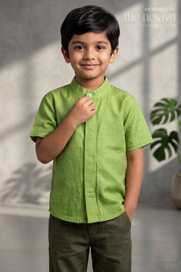 The Nesavu Boys Cotton Shirt Boys Cotton Shirt for School Events and Family Celebrations Nesavu 16 (1Y) / Green / Chanderi BS505C-16 Nesavu Boys Chanderi Cotton Shirt With Jacquard Print For School Events And Celebrations