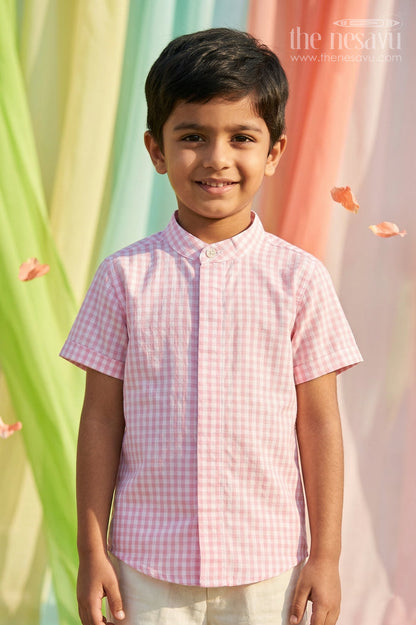 The Nesavu Boys Cotton Shirt Boys Cotton Shirt for Summer Outings and Lightweight Nesavu 14 (6M) / Pink / Seer Sucker BS467A-14 Nesavu Boys Seersucker Cotton Shirt For Summer Outings And Lightweight Daily Wear With Breathable Fabric