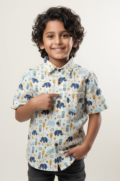 The Nesavu Boys Cotton Shirt Boys Cotton Shirt with Jungle Elephant Print for Playful Festive Wear Nesavu 20 (3Y) / Multicolor BS321A-20 Nesavu boys cotton shirt forest elephant print  playful comfy festive casual wear
