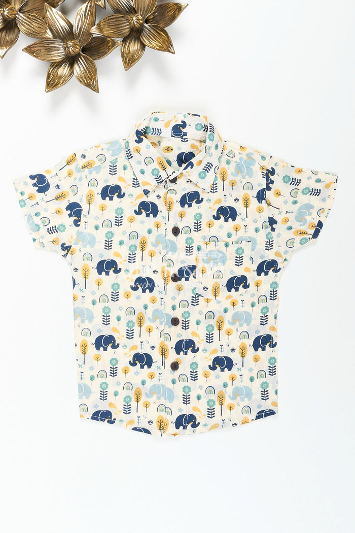 The Nesavu Boys Cotton Shirt Boys cotton shirt with jungle elephant print for playful festive wear Nesavu 20 (3Y) / Multicolor BS321A-20 Nesavu boys cotton shirt forest elephant print  playful comfy festive casual wear