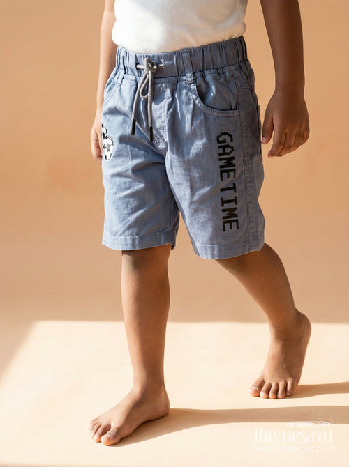The Nesavu Boys Shorts Boys Cotton Shorts with Game Time Text and Sporty Patchwork Nesavu 14 (6M) / Gray / Cotton BWS068C-14 Boys cotton play shorts with football theme and sporty GAME TIME print