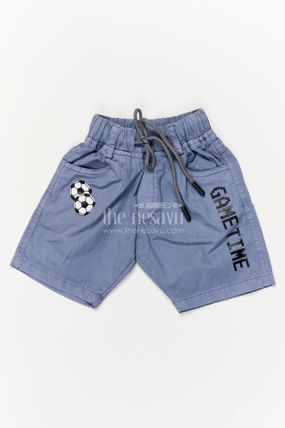The Nesavu Boys Shorts Boys Cotton Shorts with Game Time Text and Sporty Patchwork Nesavu 14 (6M) / Gray / Cotton BWS068C-14 Boys cotton play shorts with football theme and sporty GAME TIME print