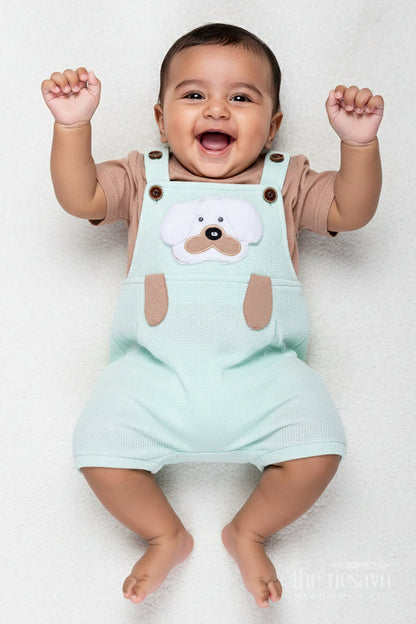 The Nesavu Boys Casual Set Boys Cotton Waffle Knit Batch Design Set with Dog Embellishment and Mint Green Overalls for Daily Wear Nesavu 14 (6M) / Green BCS281B-14 Nesavu Boys Cotton Waffle Knit Batch Design Set Mint Green Overalls Dog Patch Embellishment