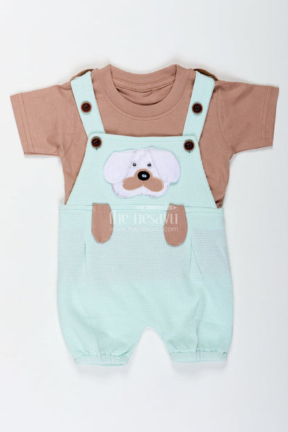 The Nesavu Boys Casual Set Boys Cotton Waffle Knit Batch Design Set with Dog Embellishment and Mint Green Overalls for Daily Wear Nesavu Nesavu Boys Cotton Waffle Knit Batch Design Set Mint Green Overalls Dog Patch Embellishment