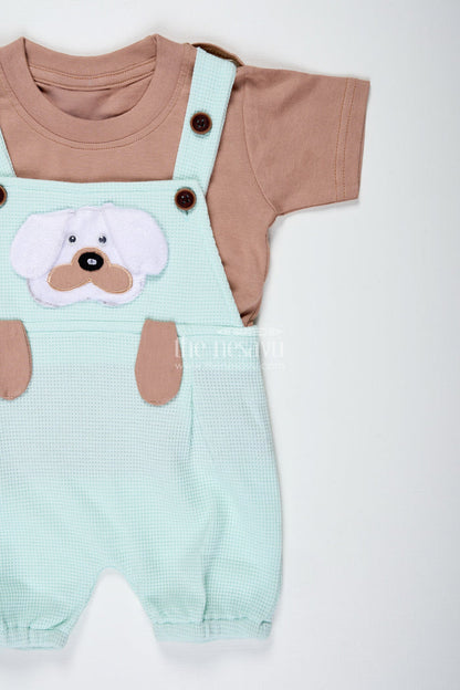 The Nesavu Boys Casual Set Boys Cotton Waffle Knit Batch Design Set with Dog Embellishment and Mint Green Overalls for Daily Wear Nesavu Nesavu Boys Cotton Waffle Knit Batch Design Set Mint Green Overalls Dog Patch Embellishment